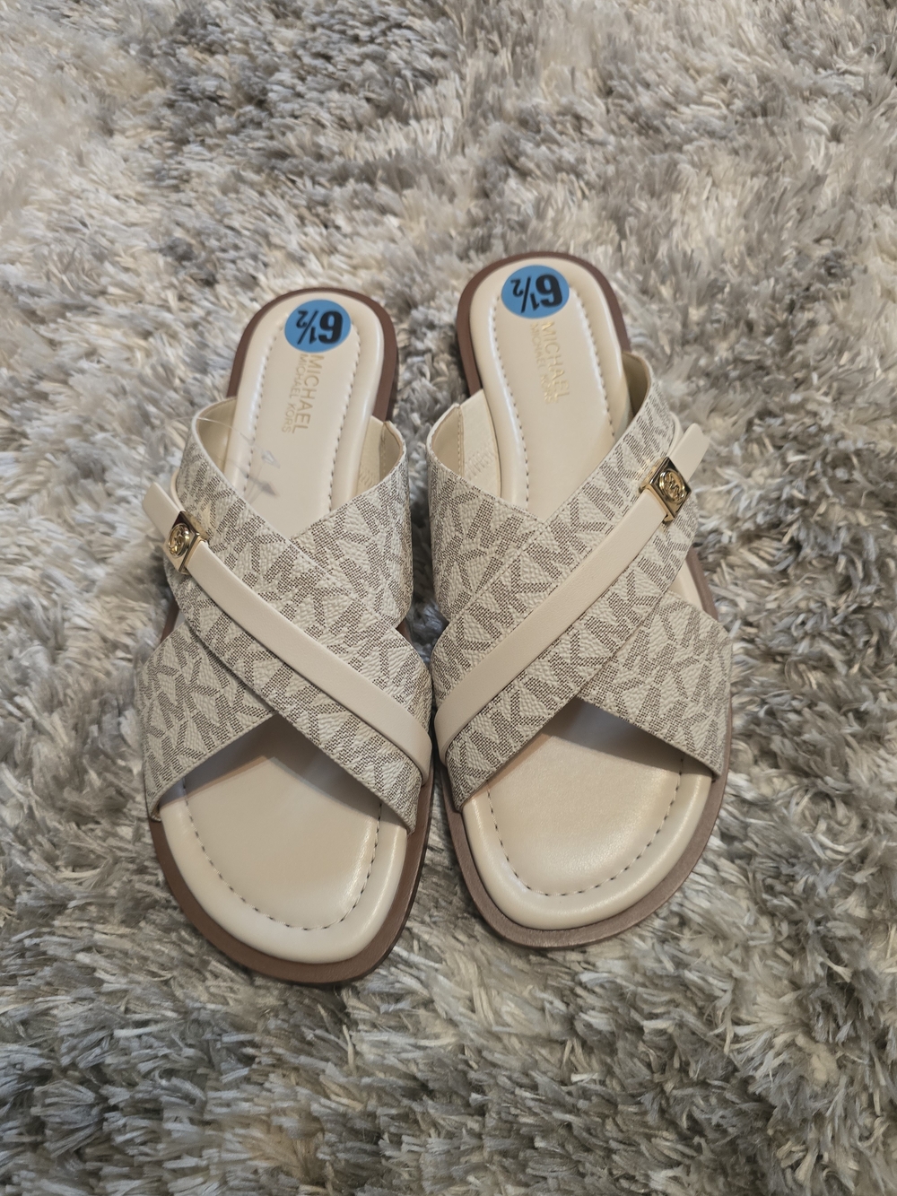 Michael Kors Beige & Tan Crossband Logo Slide Sandals